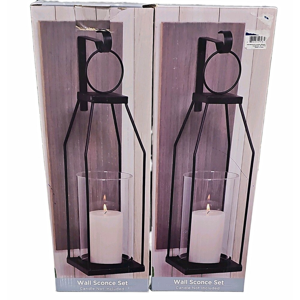Modern Wall Mounted Sconce Set of 2 Black Metal Matte Clear Glass 15.7in